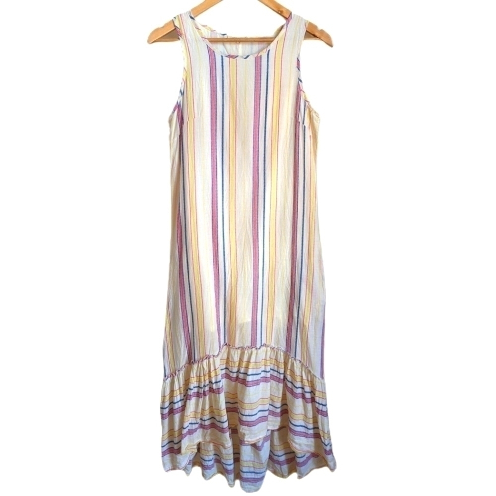 Solitaire Stripes Neutrals Cotton Bohemian Ruffles Maxi Dress Size Medium